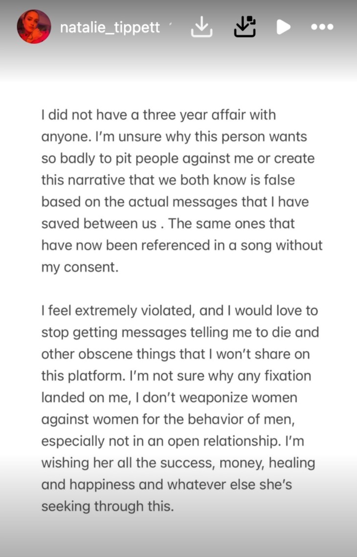 Natalie Tippett's Instagram story statement denying a three-year affair and expressing feeling violated by messages.