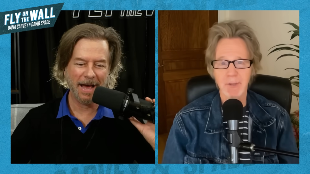 David Spade and Dana Carvey during a podcast.
