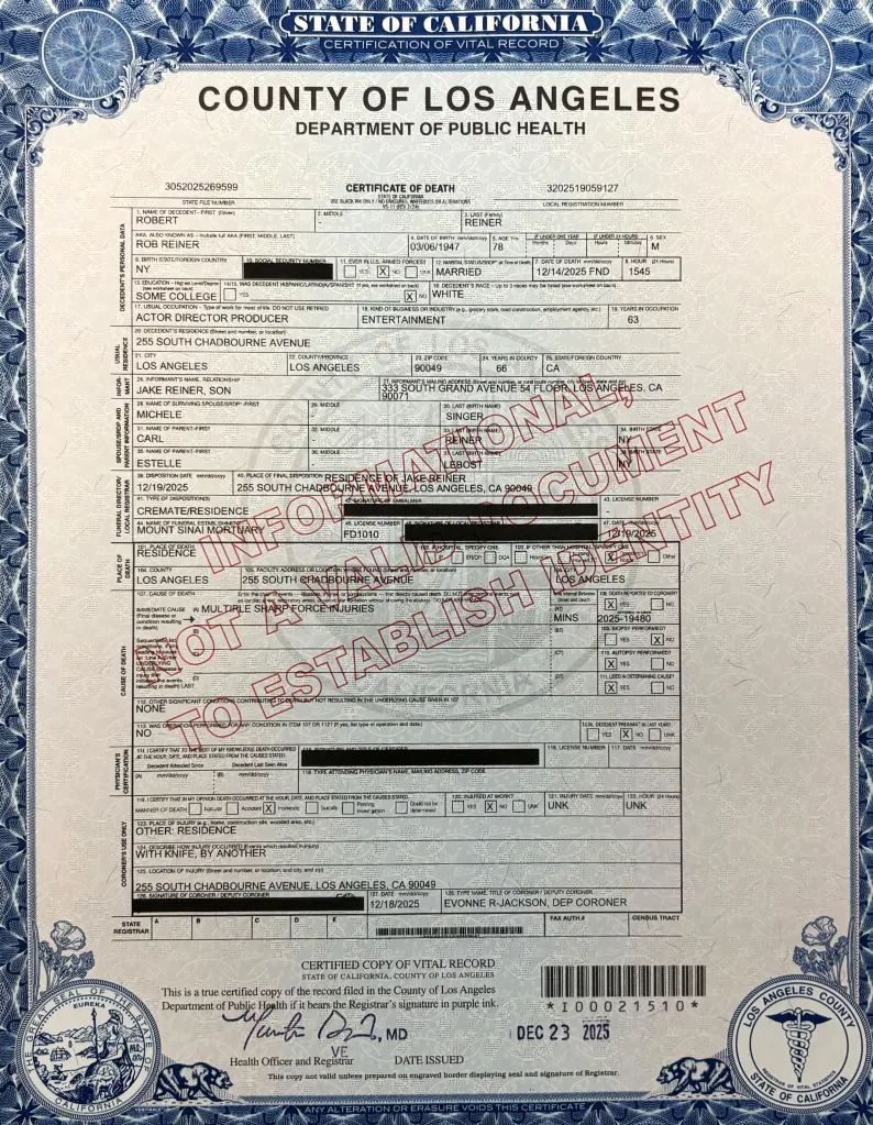 Death certificates for Rob and Michele Reiner, indicating Rob Reiner's cause of death as multiple sharp force injuries with a knife, by another.
