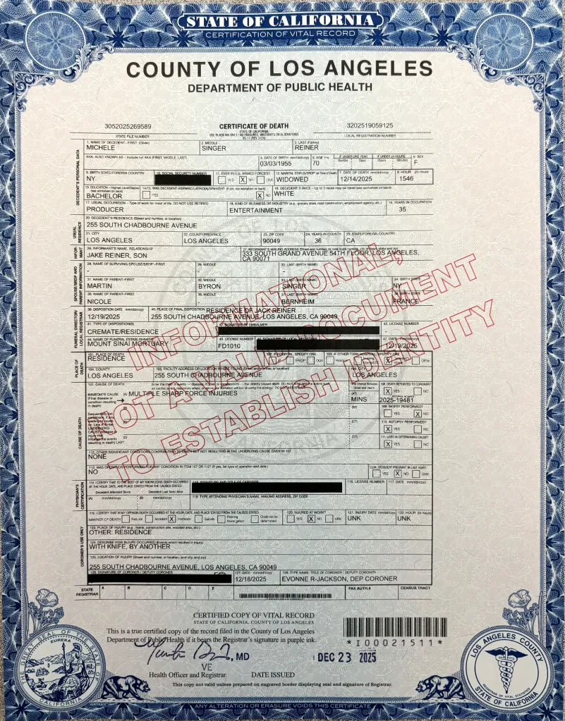 A death certificate for Michele Reiner, showing 