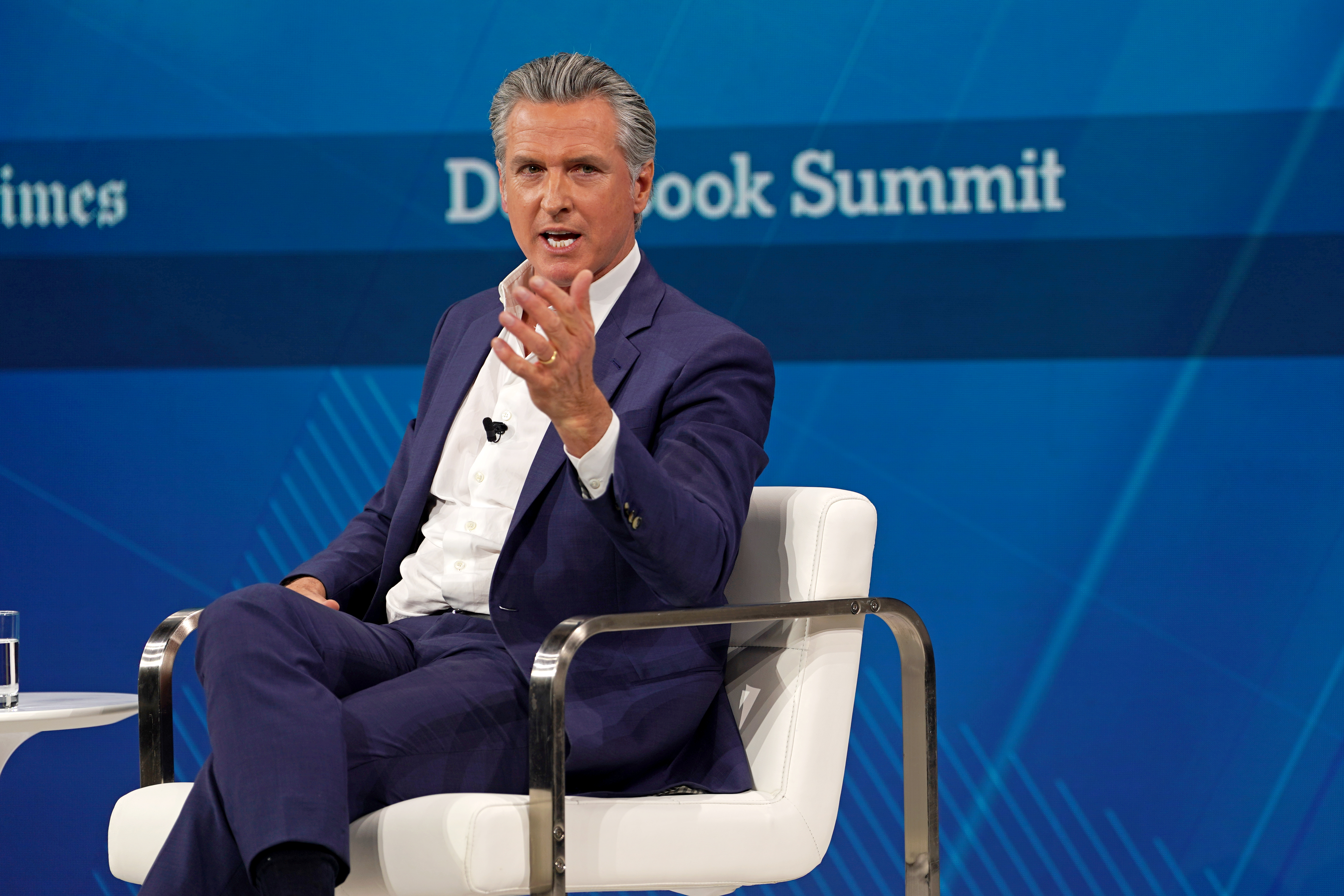 Governor of California Gavin Newsom speaking at The New York Times DealBook Summit 2025.