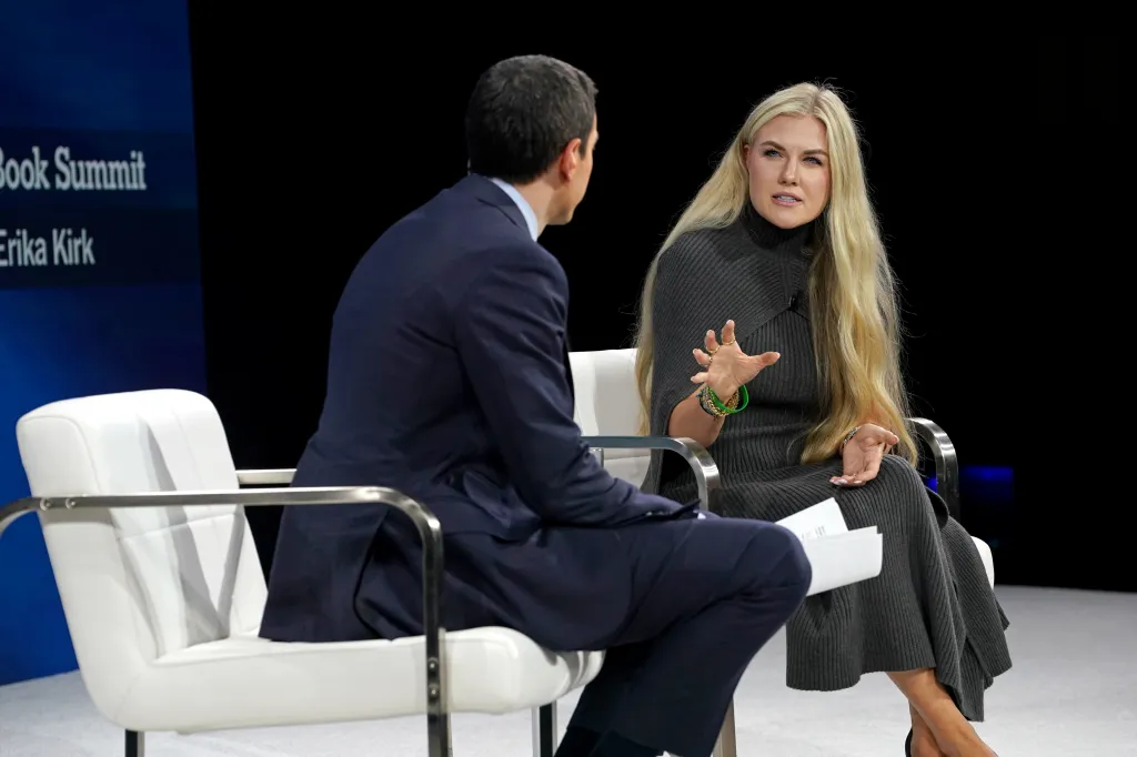 Andrew Ross Sorkin and Erika Kirk speaking onstage at The New York Times DealBook Summit 2025.