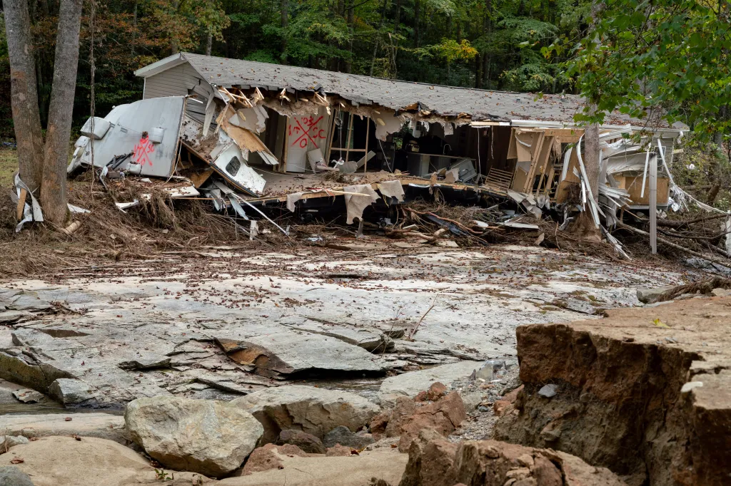A destroyed home outside of Chimney Rock, North Carolina, in the aftermath of Hurricane Helene.
