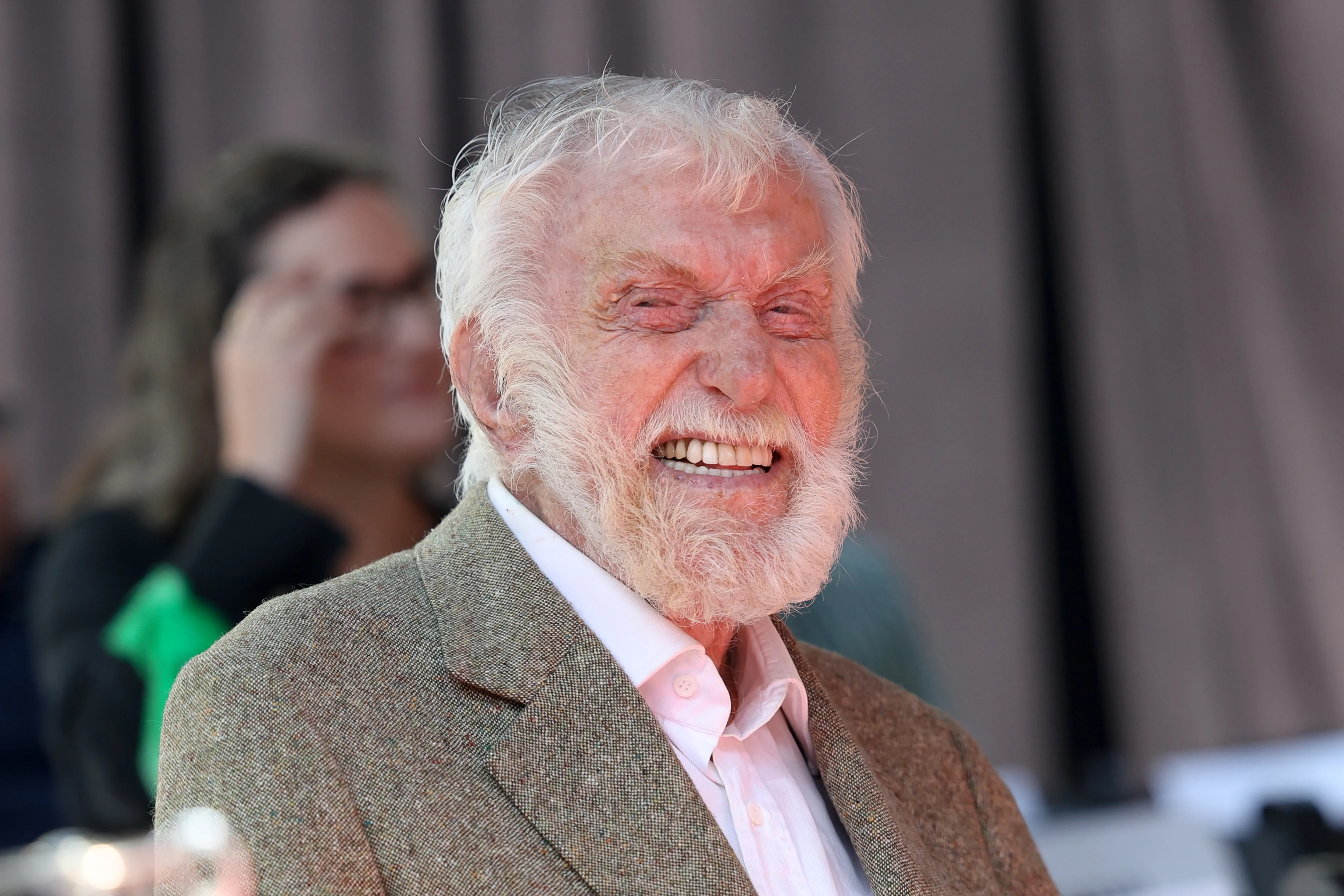 Dick Van Dyke smiling with a white beard and hair.