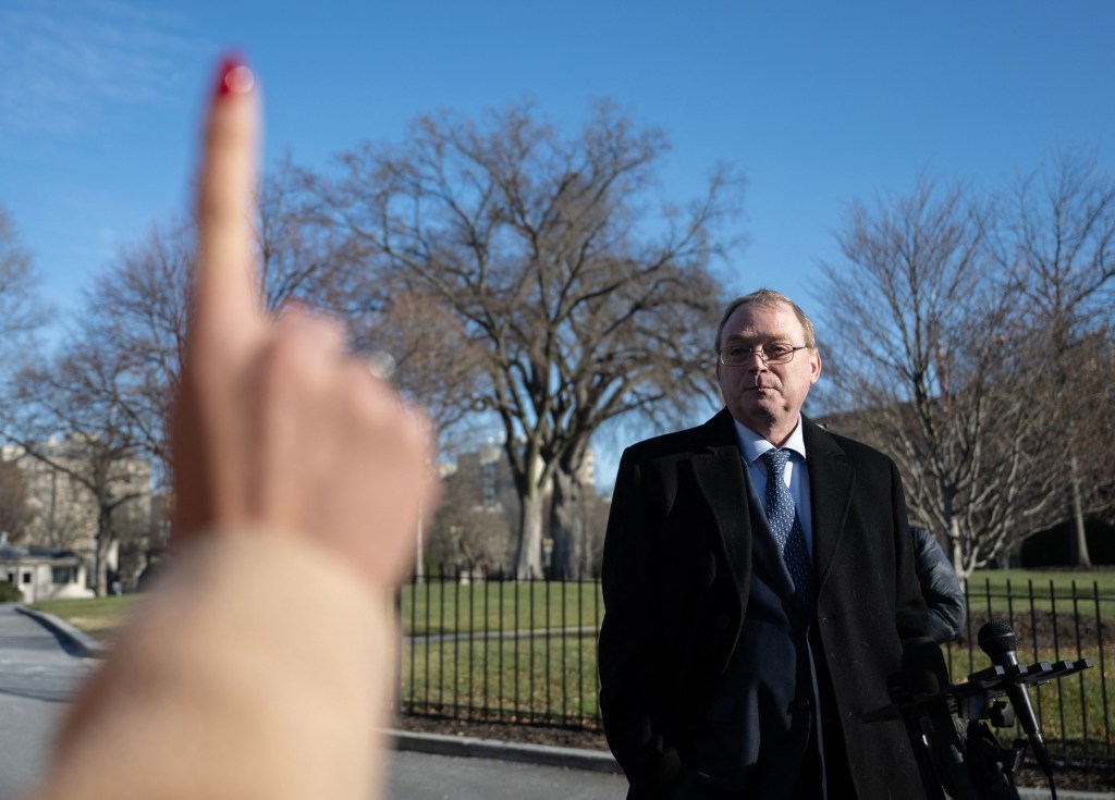 Director of the National Economic Council Kevin Hassett speaking with reporters at the White House.