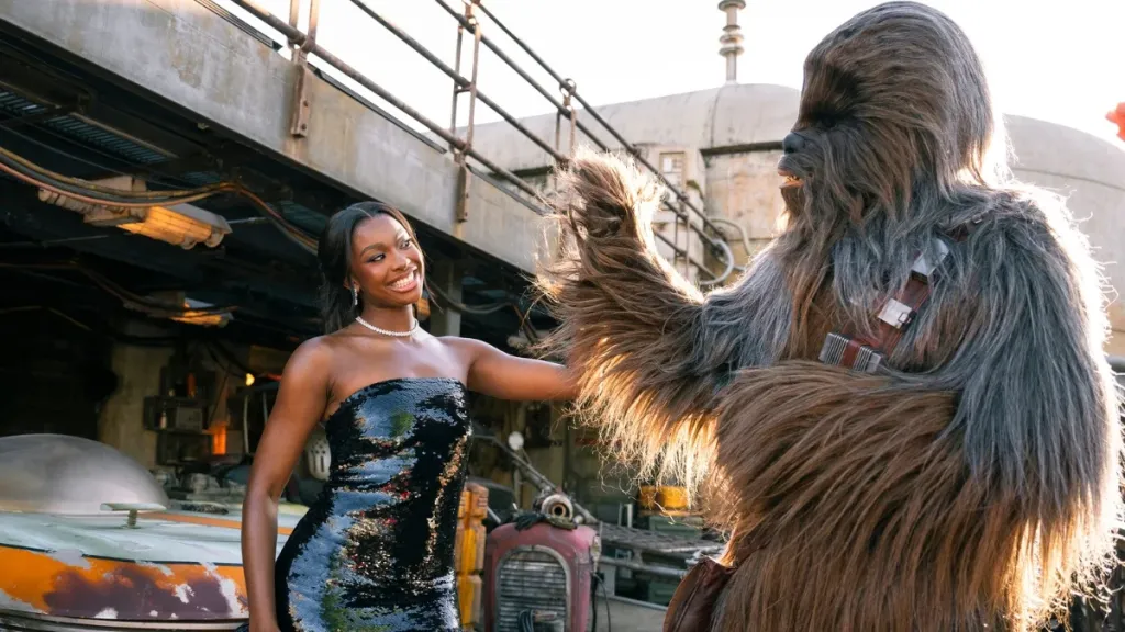 Coco Jones high fives Chewbacca at the Disney Parks Magical Christmas Day Parade performance in Galaxy's Edge