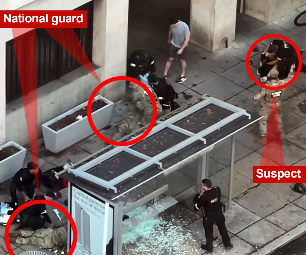 Emergency responders tending to National Guard members and restraining a suspect after a shooting near the White House.