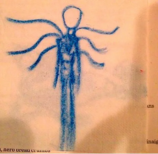 Illustration of Slender Man drawn in blue crayon.