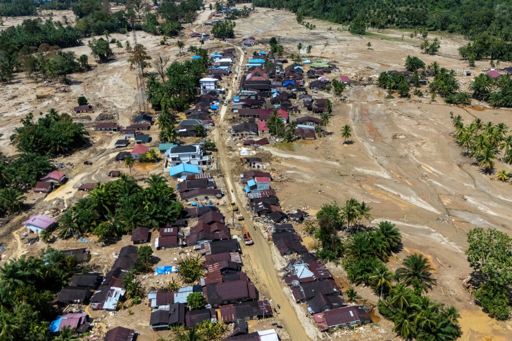 A drone view of Batang Toru, South Tapanuli, devastated by a flash flood.