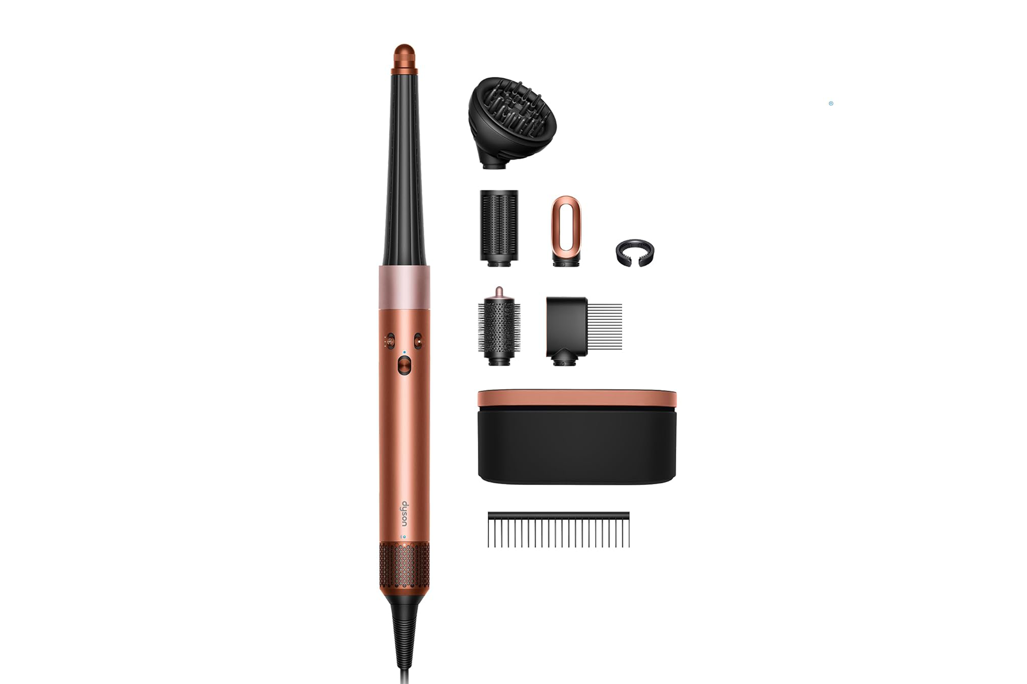 Dyson Airwrap styler with multiple attachments including a diffuser, brushes, and comb.