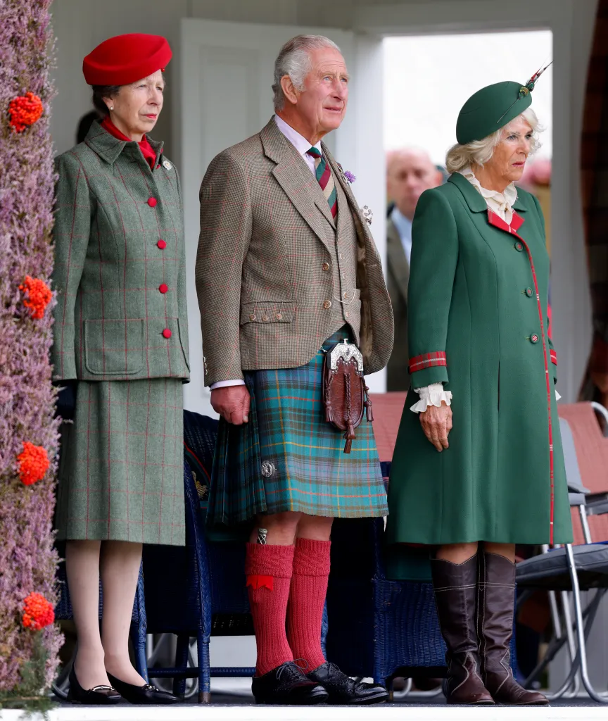 Princess Anne, Princess Royal, Prince Charles, Prince of Wales and Camilla, Duchess of Cornwall attend the Braemar Highland Gathering at The Princess Royal and Duke of Fife Memorial Park on September 3, 2022 in Braemar, Scotland.