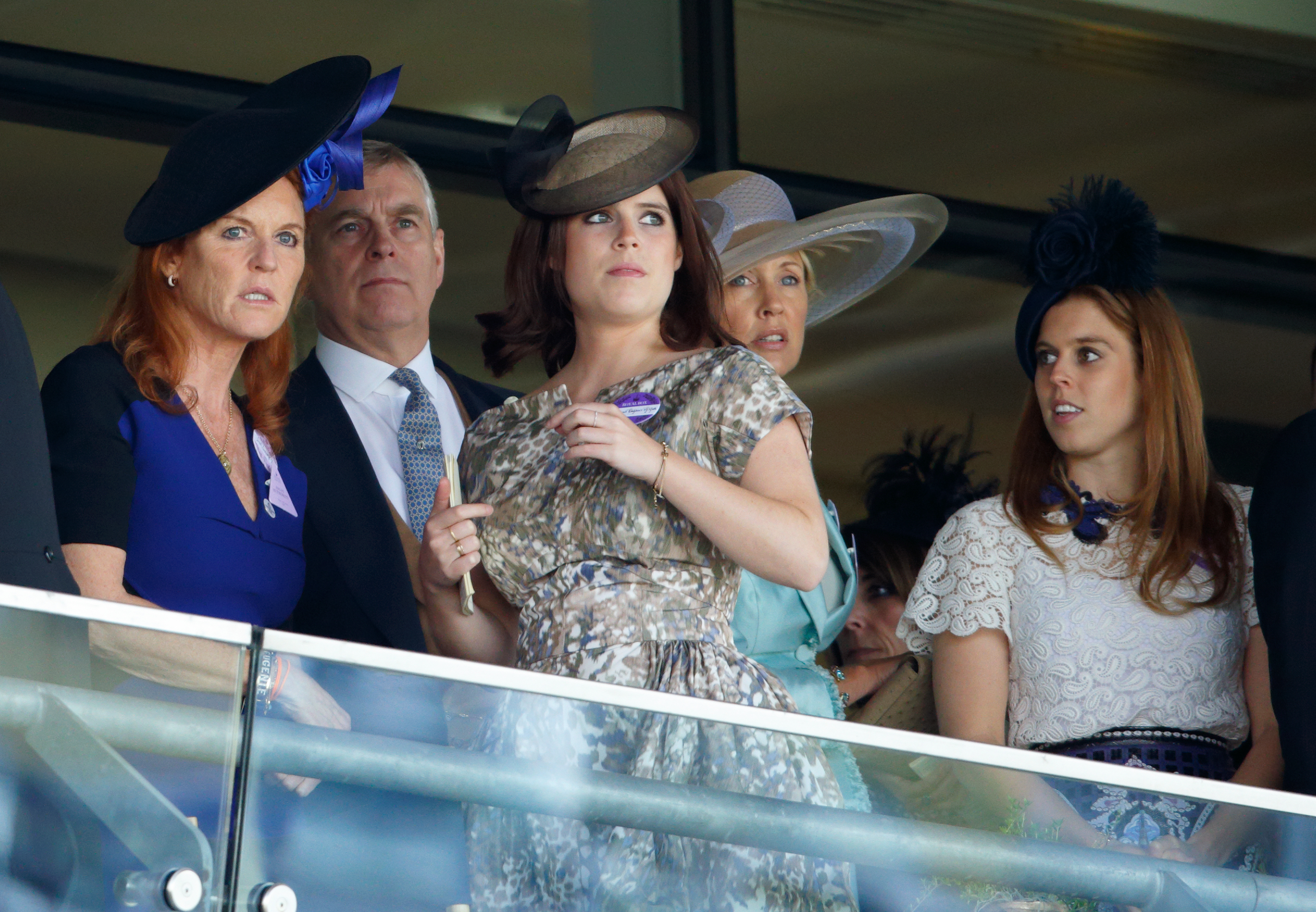 Sarah Ferguson, Prince Andrew, Princess Eugenie, Catrina Skepper, Countess Guerrini-Maraldi and Princess Beatrice watch the Royal Ascot races.
