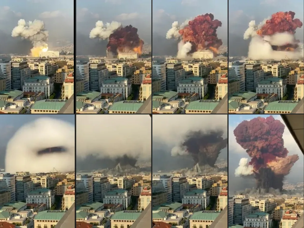 This combination of pictures shows the moment a massive explosion rocked Beirut while smoke is billowing at the port of the Lebanese capital on August 4, 2020