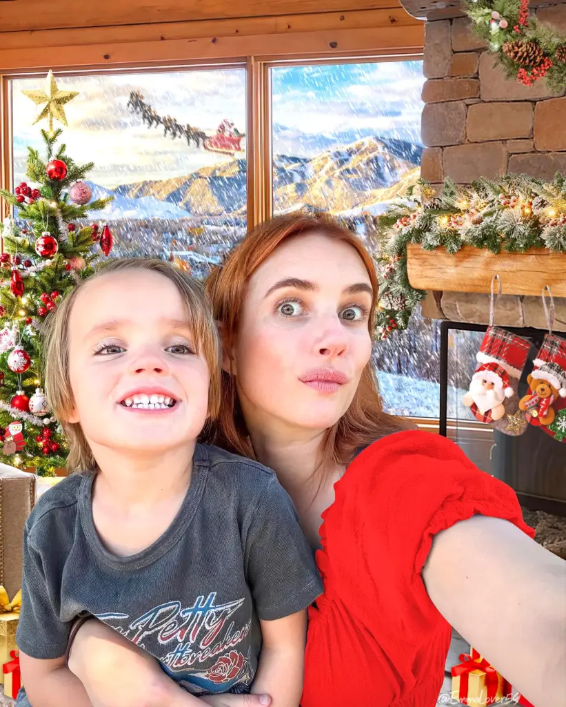 Emma Roberts with her son Rhodes, 4, during a snowy getaway.