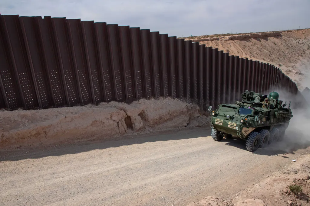 A US Army armored vehicle patrols the US southern border at Santa Teresa, New Mexico, on March 26, 2025.