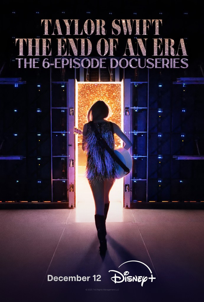 The End of an Era docuseries poster showing Taylor Swift with a guitar, walking towards a brightly lit stage door.