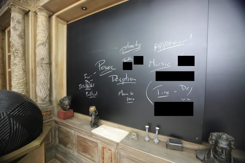 A dark chalkboard with various words written in white chalk, including 