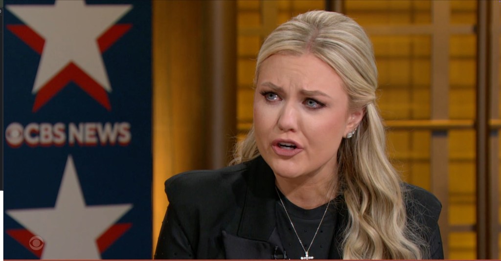 Erika Kirk speaking with emotion during an interview with Bari Weiss.