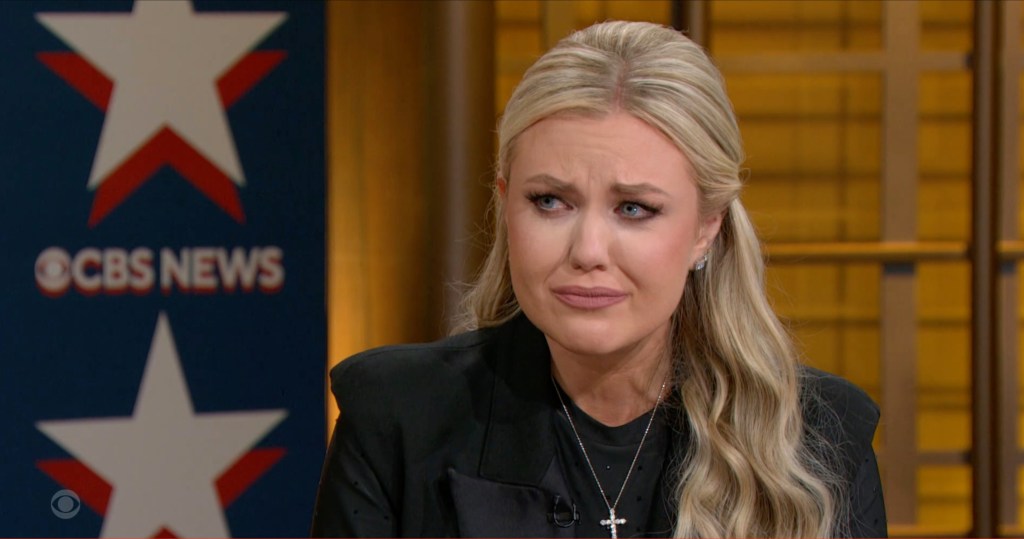 Erika Kirk looking distressed during an interview with Bari Weiss about her late husband.