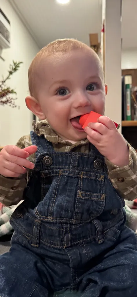 A baby in denim overalls and a plaid shirt chewing on a red object.