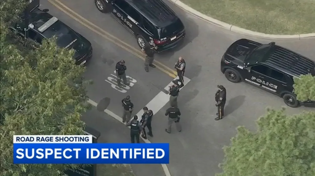 Aerial view of police cars and officers, with text overlay 