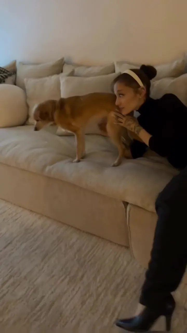 Ariana Grande playing with a small dog on a couch.