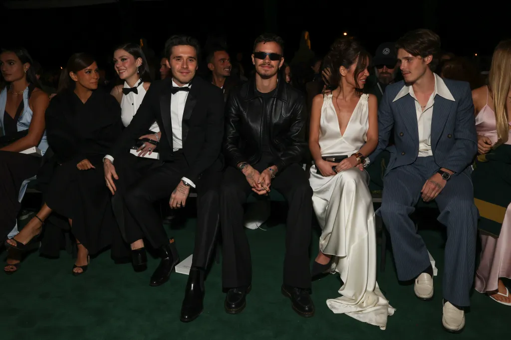 Eva Longoria, Nicola Peltz, Brooklyn Beckham, Romeo Beckham, Jackie Apostel, and Cruz Beckham attend the Victoria Beckham Spring/Summer 2025 collection.