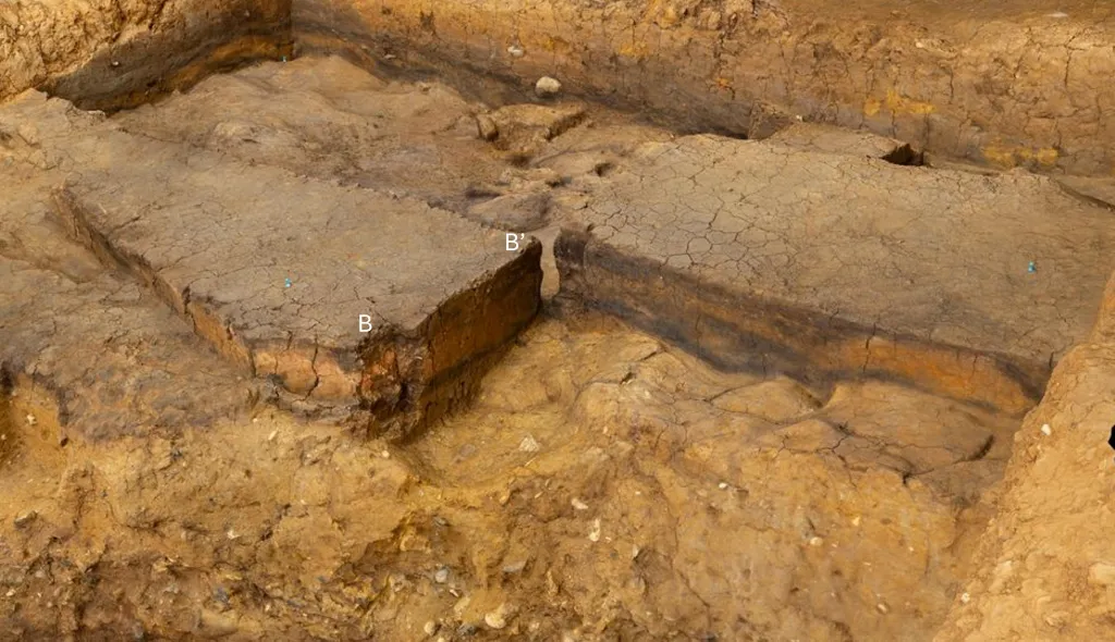 Archaeological excavation showing an ancient campfire from Barnham, England, with reddened, heated clay between bands B and B'.