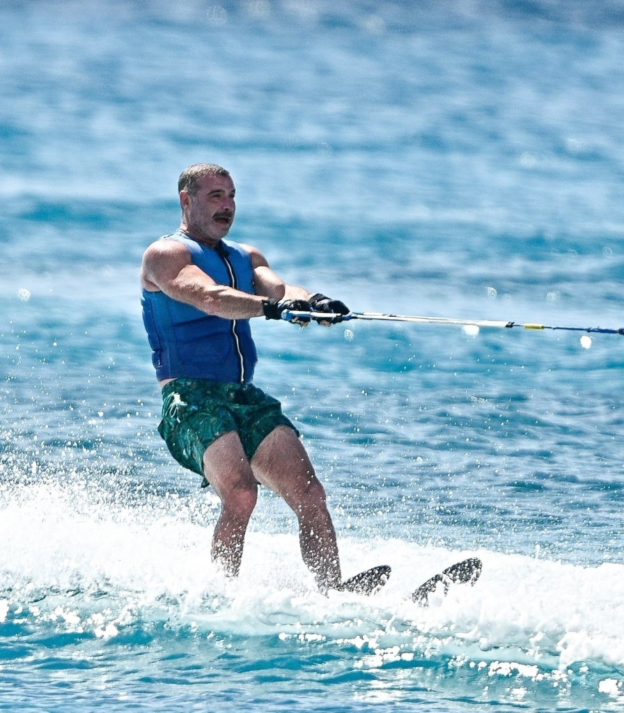 Liev Schreiber water skiing in Barbados.