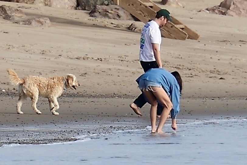 Alex Siliberg and Romy Reiner with their dog on Malibu beach.