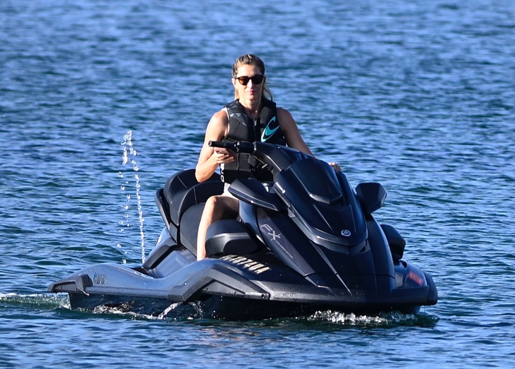 Gisele Bündchen riding a jet ski in Surfside, Florida.