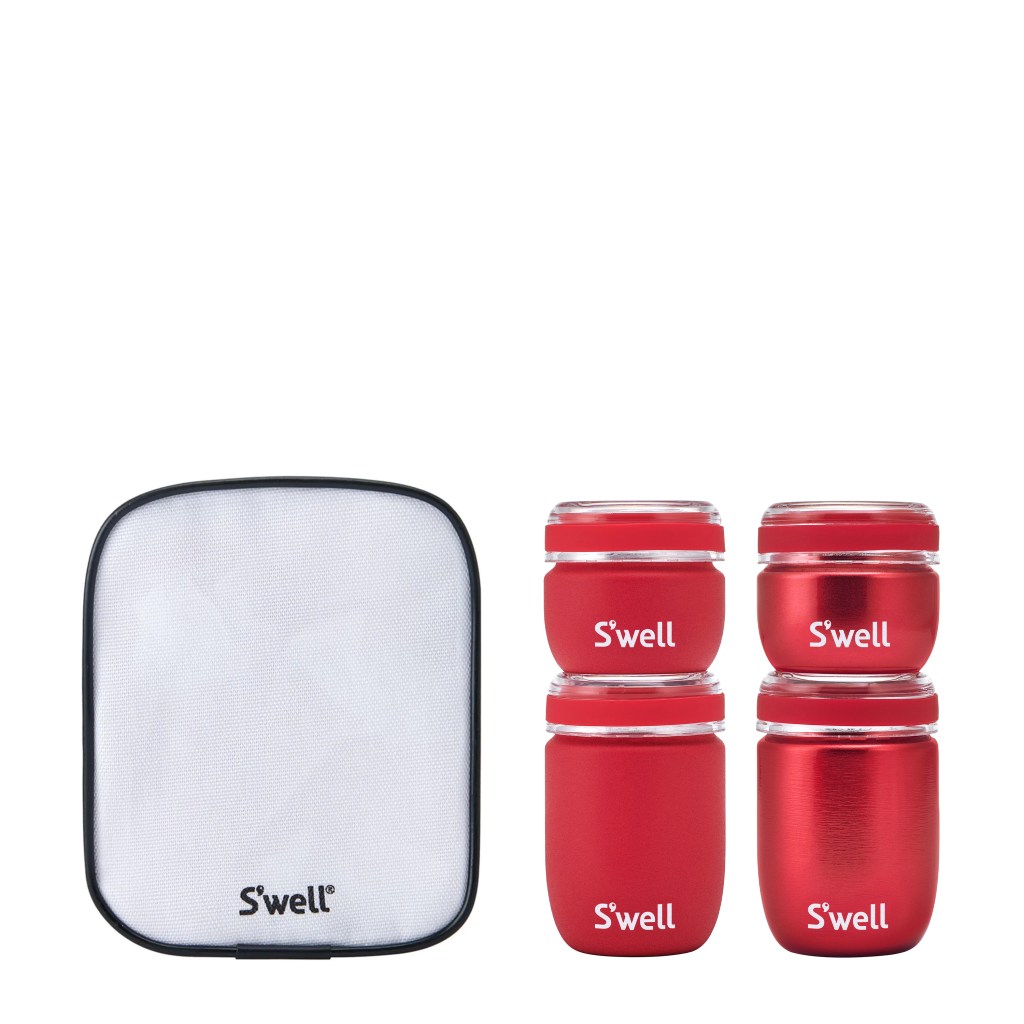 S'well Travel Container with four red containers and a white mesh pouch.