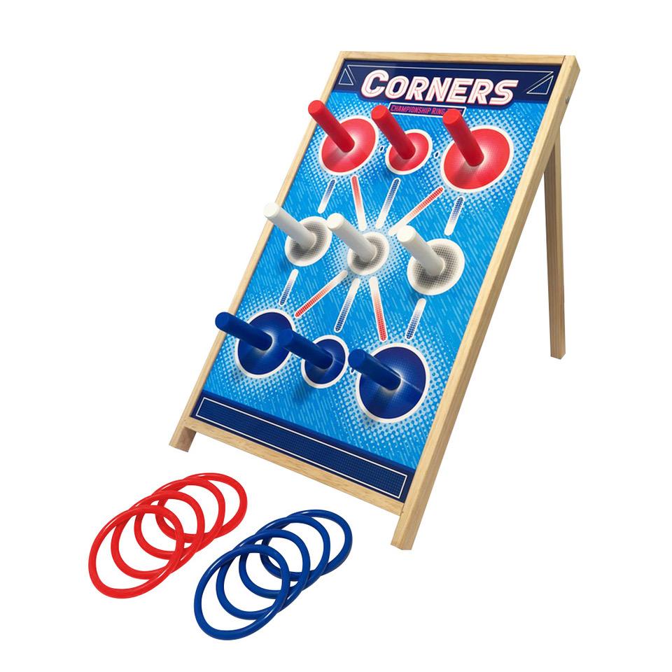 Corners Ring Toss game with red and blue rings.