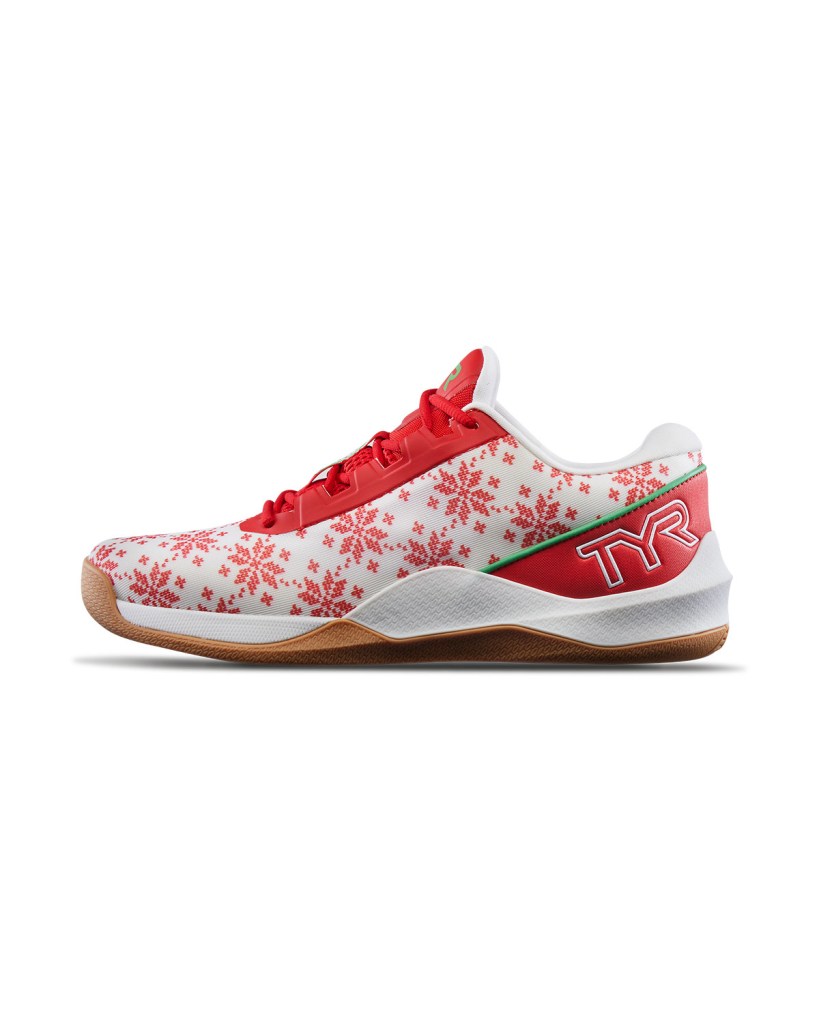 TYR CXT2 shoe with a festive red and white snowflake pattern, red laces, and a white sole.
