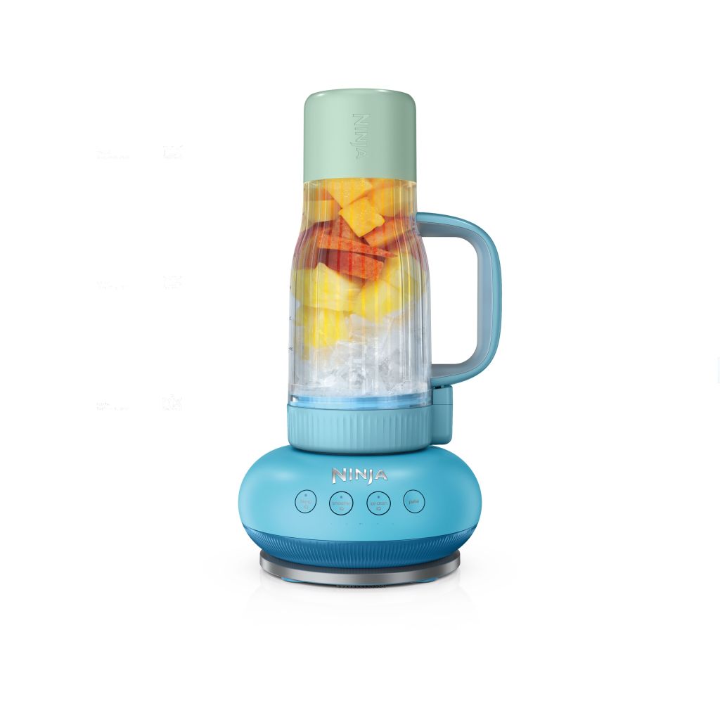 Illustration of a Ninja Blender filled with fruit and ice.