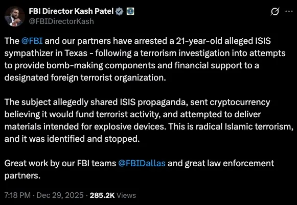 Tweet from FBI Director Kash Patel about the arrest of an alleged ISIS sympathizer in Texas.