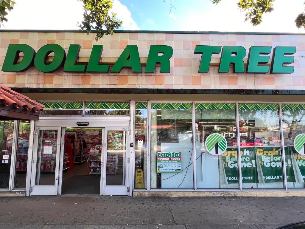 Exterior view of a Dollar Tree store with its green sign, 