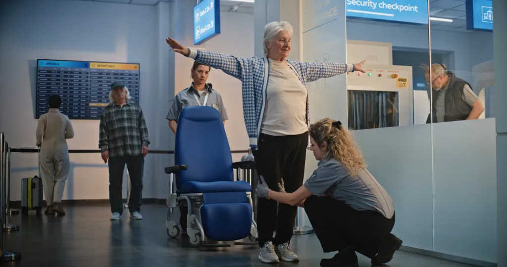 Female TSA officer checking an elderly woman getting up from a wheelchair in an airport terminal.