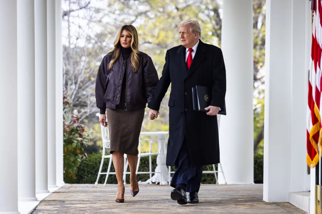 President Trump and First Lady Melania Trump walking in the Rose Garden.