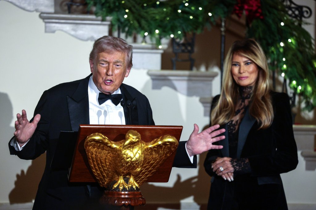 The Slovenia-born first lady, wearing a black velvet tuxedo pantsuit and a lace turtleneck top, then hinted at her next agenda for the new year.
