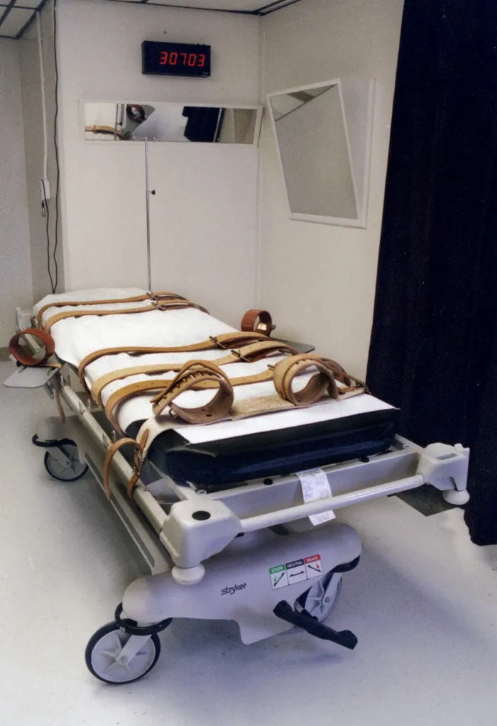 Lethal injection gurney with restraints in the redesigned Florida death chamber.