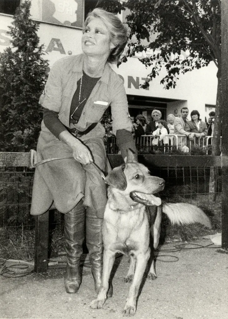 Brigitte Bardot pats a stray dog at a shelter in a Paris suburb.