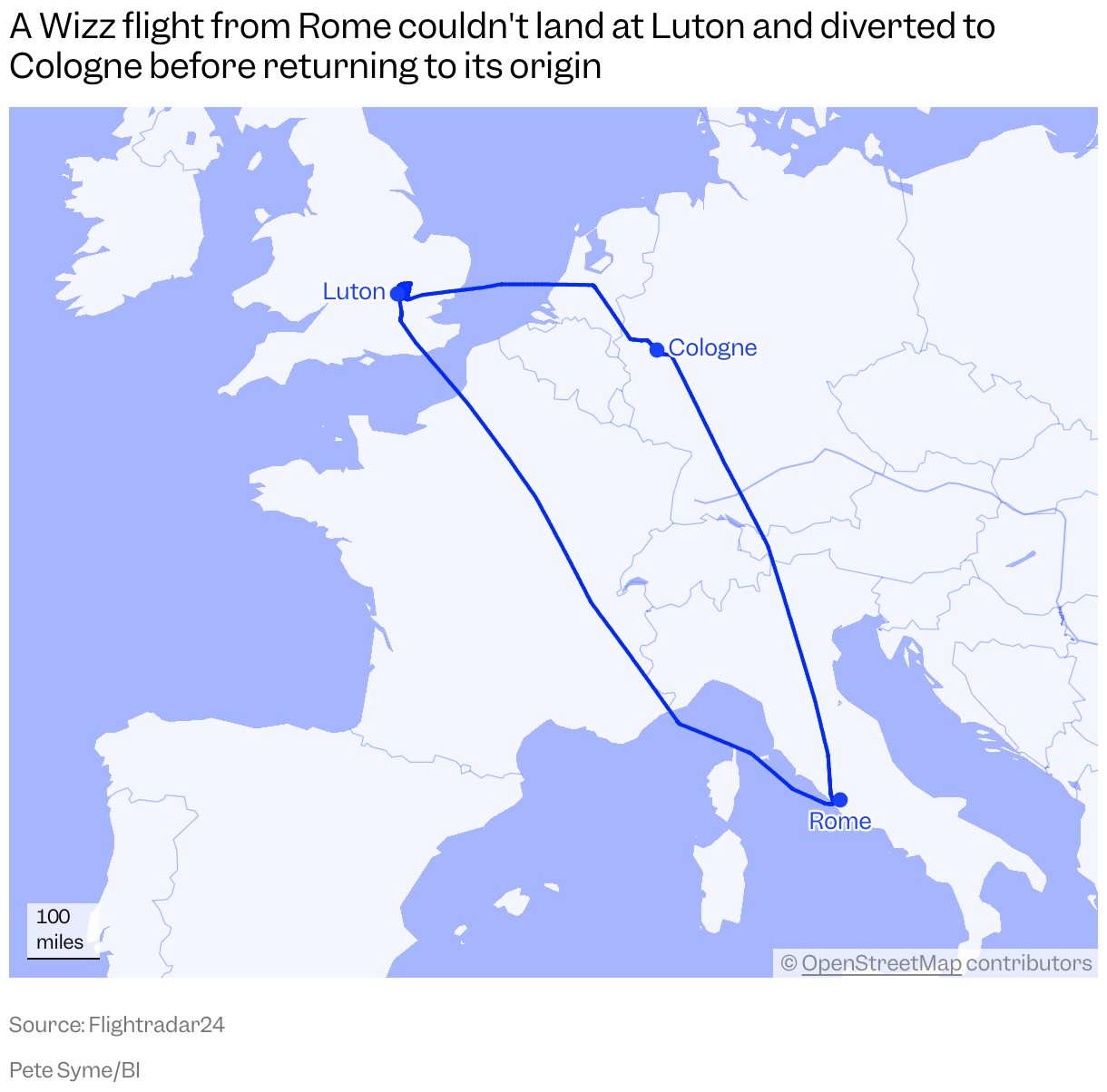 A map of Europe showing a flight path from Rome to Luton before turning east to Cologne then flying again to Rome