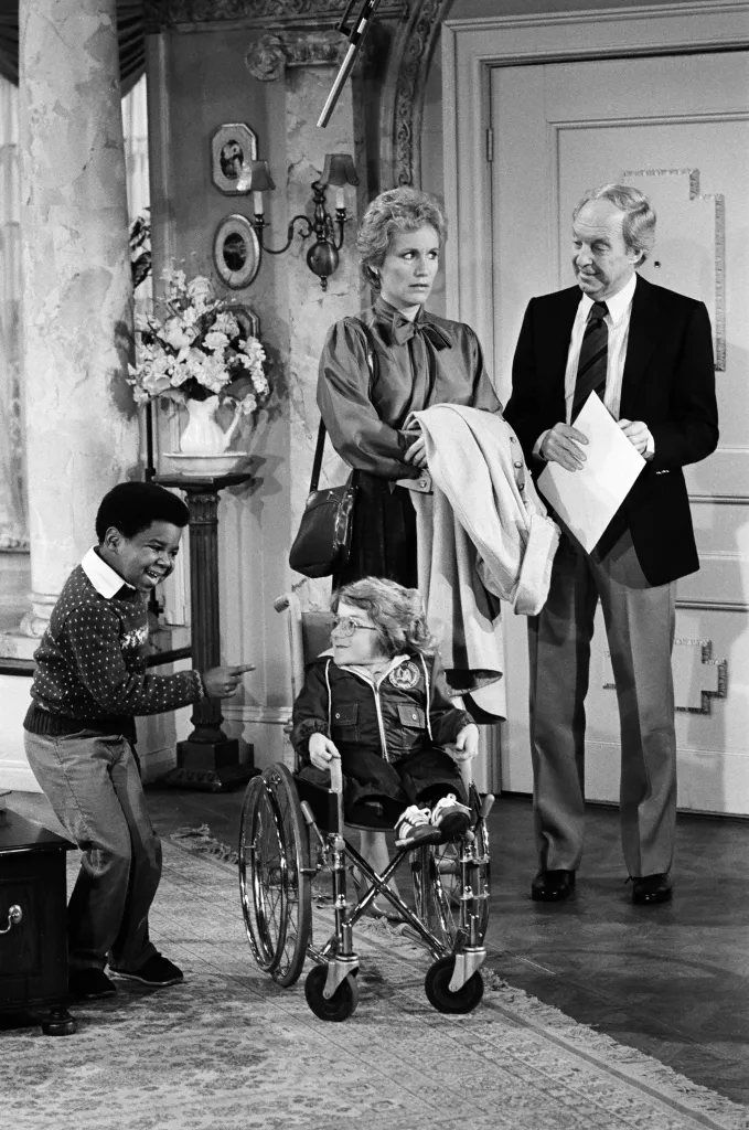 Gary Coleman as Arnold Jackson, Melanie Watson as Kathy Gordon, and Conrad Bain as Philip Drummond from Diff'rent Strokes.
