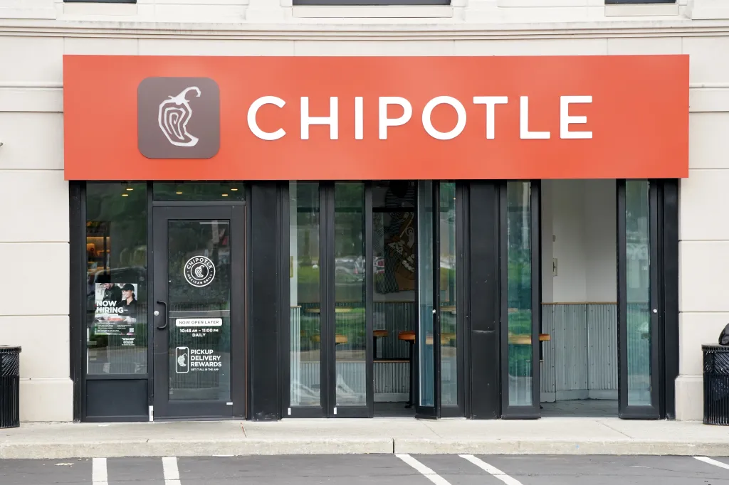 The exterior of a Chipotle Mexican Grill fast casual restaurant.
