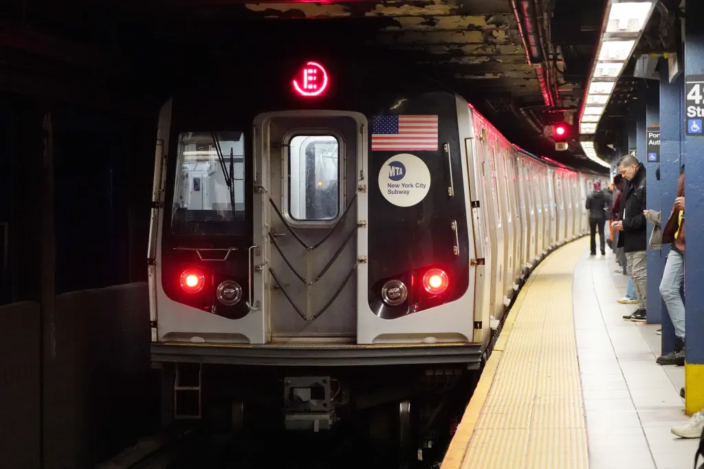 E train at 42nd Street Times Square Station.