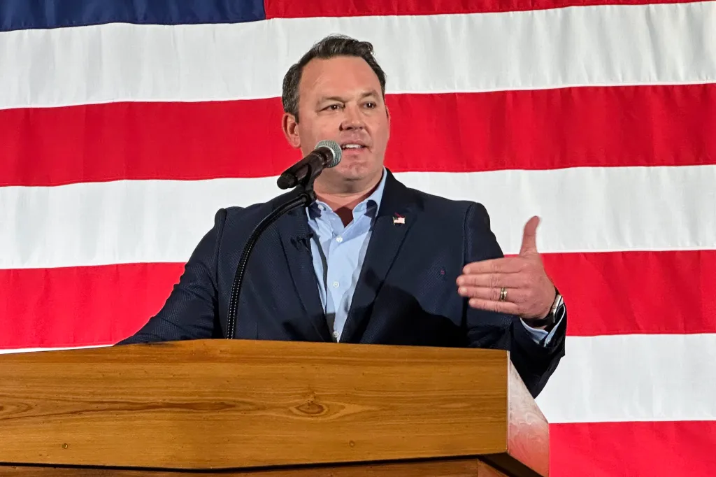 Georgia Lt. Gov. Burt Jones speaks at a rally kicking off his 2026 campaign for governor in Flovilla, Georgia, on Aug. 26, 2025.
