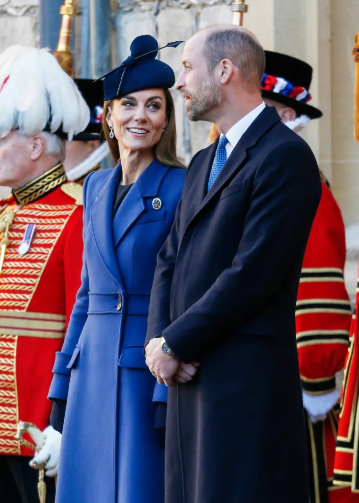 Catherine, Princess of Wales, and Prince William, Duke of Cambridge, stand side-by-side during the ceremonial welcome at Windsor Castle.