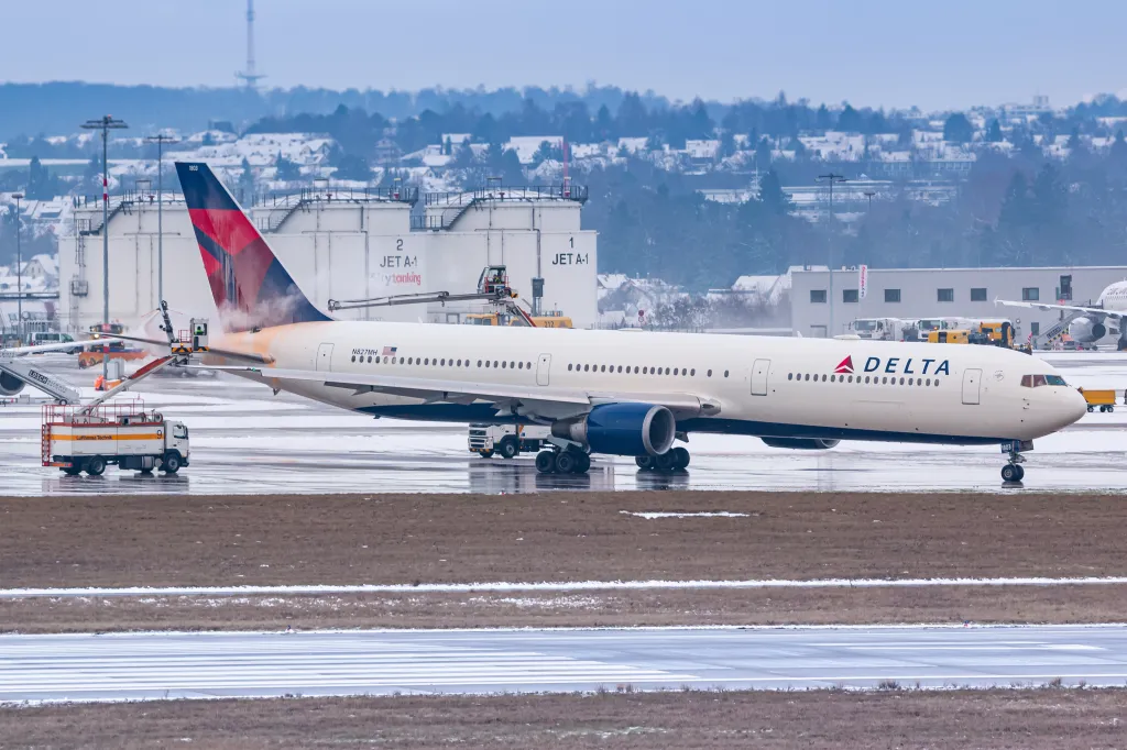 Delta Air Lines Boeing 767 being de-iced at Stuttgart Airport.