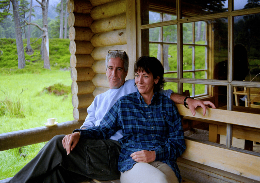 Jeffrey Epstein and Ghislaine Maxwell on a log cabin porch.